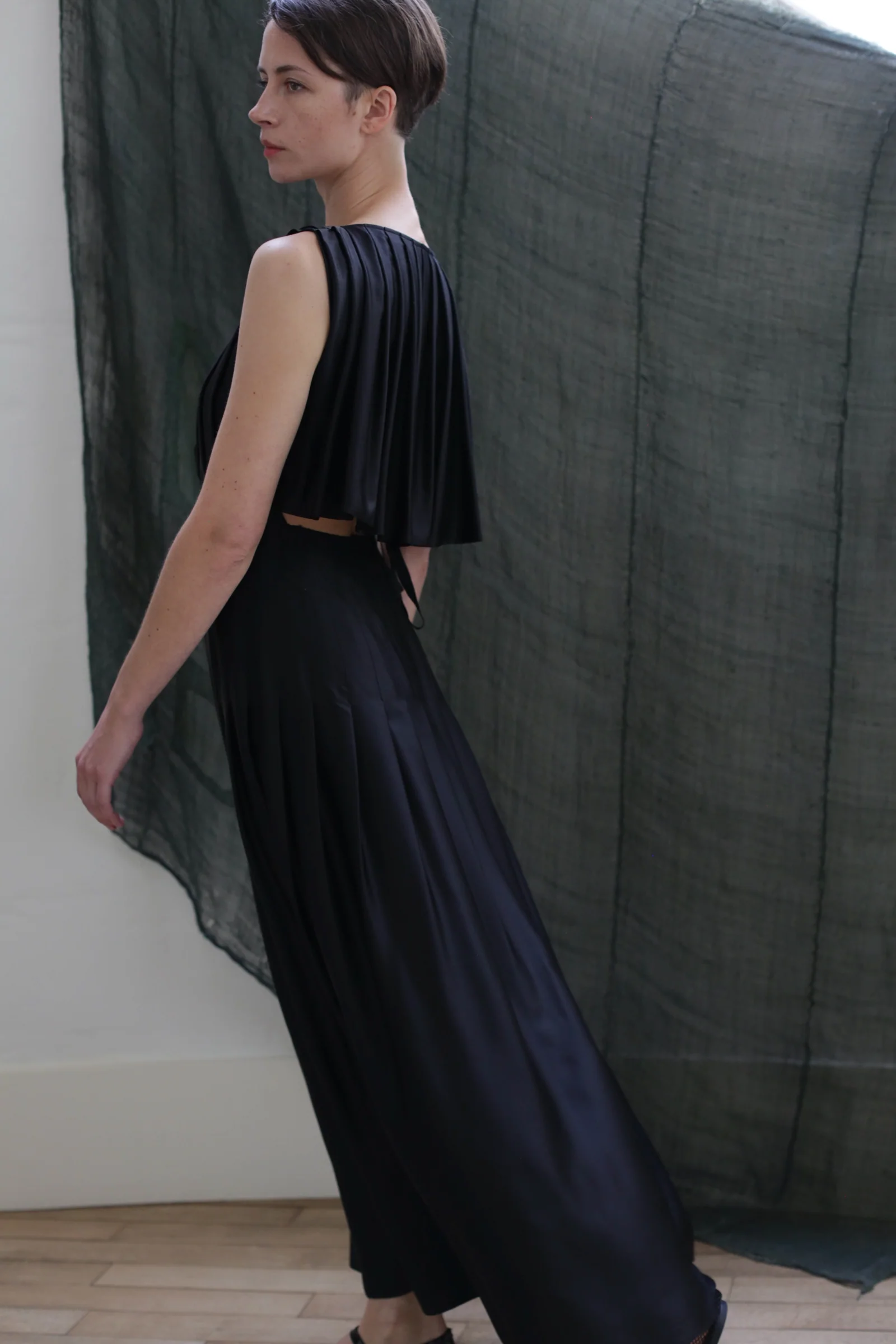 Hand Pleated Column Dress | Silk Charmeuse Black - Image 3