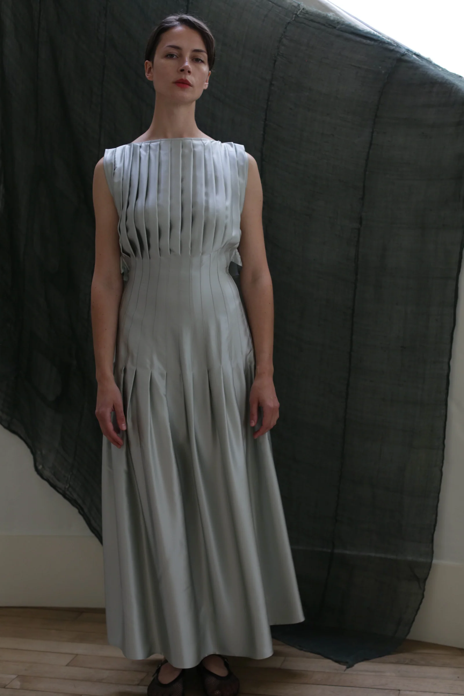 Hand Pleated Column Dress | Silk Charmeuse Celadon - Image 3