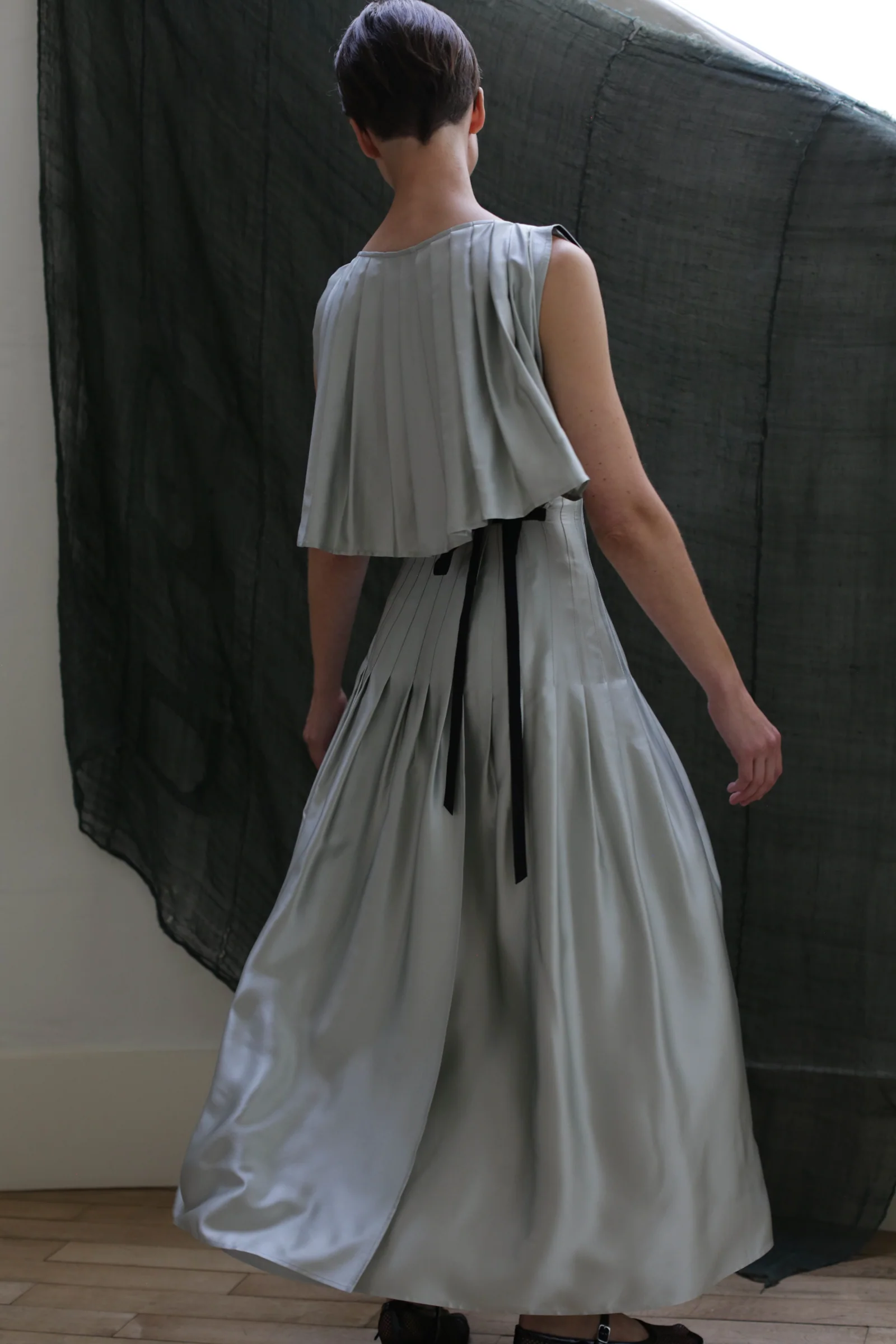Hand Pleated Column Dress | Silk Charmeuse Celadon - Image 4