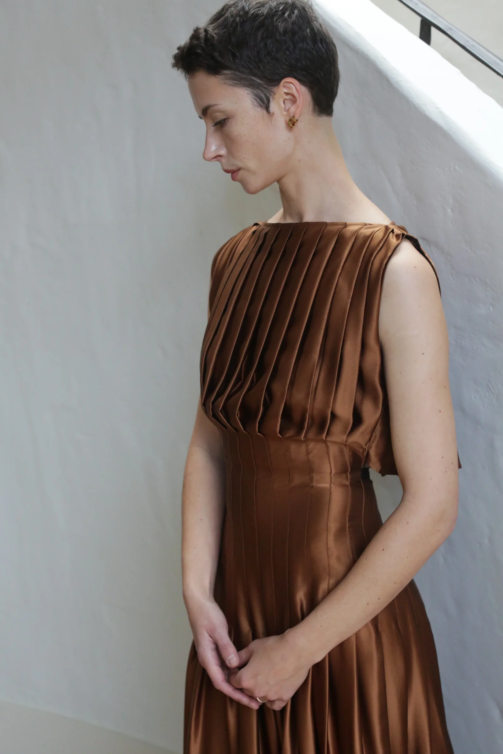 Hand Pleated Column Dress | Silk Charmeuse Copper - Image 4